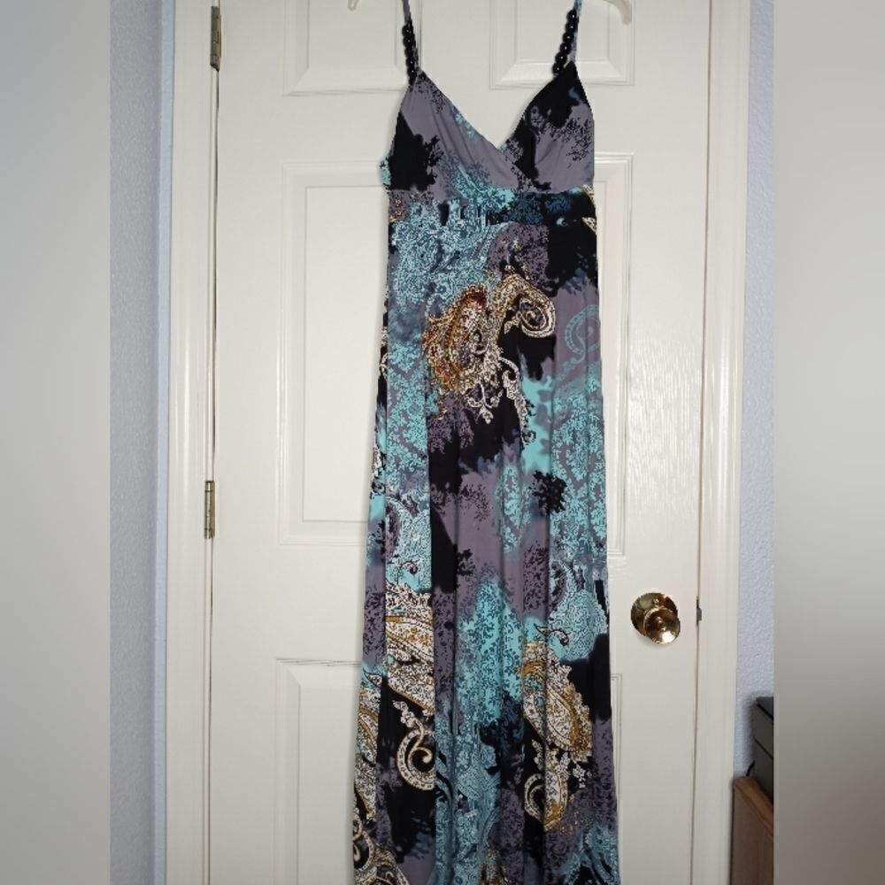 Essentials By Milano Sz M Womens Maxi Dress Paisley Green Beads Spaghetti